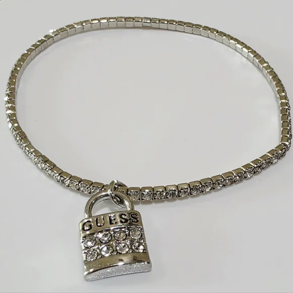 Silver GUESS Lock Charm Prong-set White Rhinestone Stretch OSFA Bracelet - Picture 1 of 7